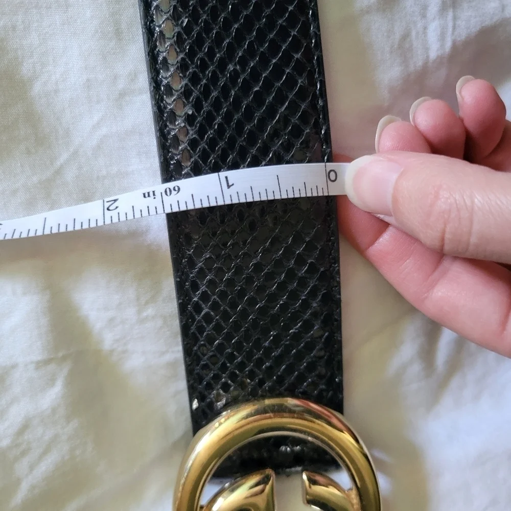 Vintage GUCCI Black Python Snake Leather Belt Gold Buckle GG Size 85